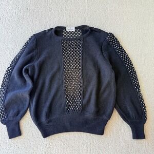 Valentino Boutique Sweater Womens Black Vintage 80s Rhinestone Open Knit Italy
